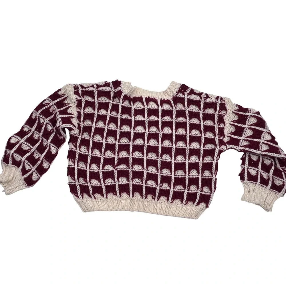 Blu Pepper Burgundy Cream Checkerboard Chunky Knit Sweater Oversized Large